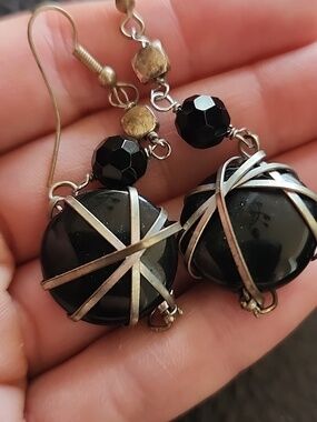 Black Wrapped Bead Dangle Earrings - Unbranded
